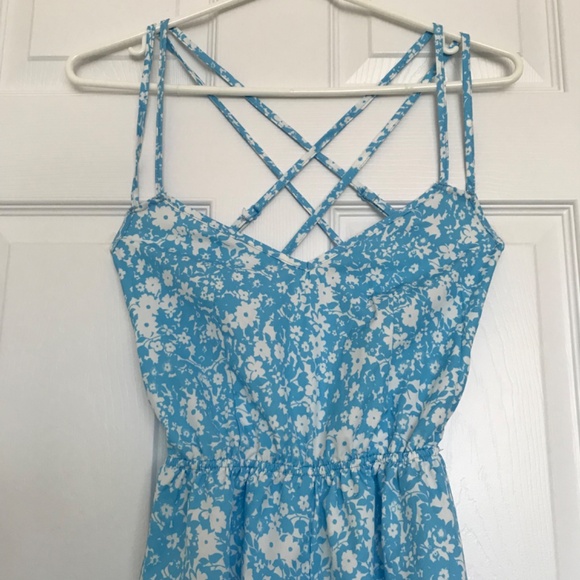 SHEIN Strappy Open Back Floral Romper XS Blue White Sweetheart Neckline - Picture 2 of 16